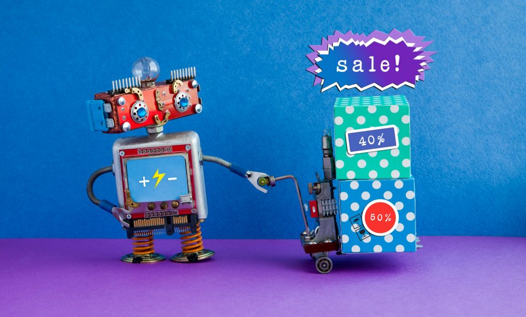 Comical robot moving shopping cart boxes with discount advertising stickers