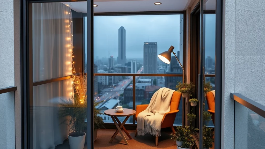 A cozy winter-ready balcony enclosed with sleek glass panels, allowing an unobstructed view of a rainy cityscape. Inside the space, there’s a warm and inviting setup: a plush armchair with a soft blanket draped over it, a small wooden table with a steaming cup of tea, and potted plants thriving in the sheltered environment. Subtle lighting, including fairy lights and a modern floor lamp, enhances the atmosphere. The glass enclosure blends seamlessly with the building's modern architecture, providing both style and functionality while keeping the space protected from the elements.